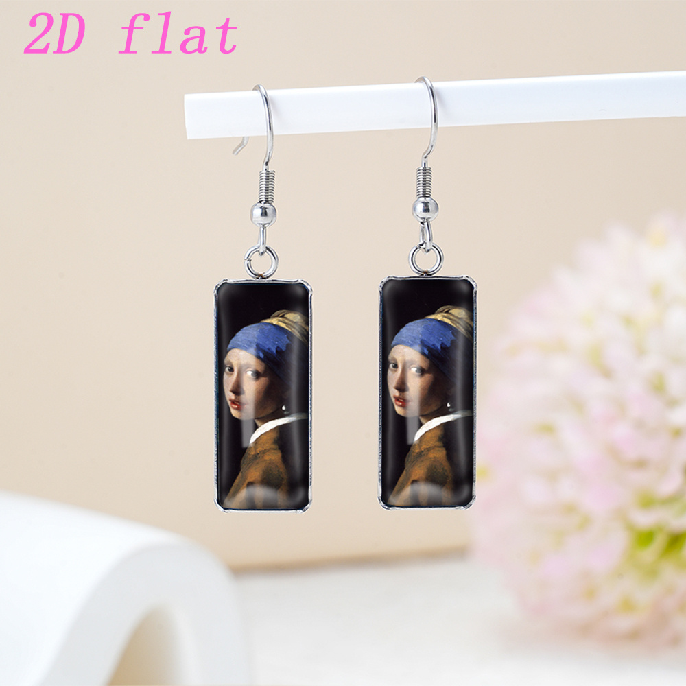 TEMU 2d Flat - 1 Pair Of With Earring Famous Painting Pattern Time Gem Glass Rectangle Earrings, Fashion Earrings, Hypoallergenic Stainless Steel Ear