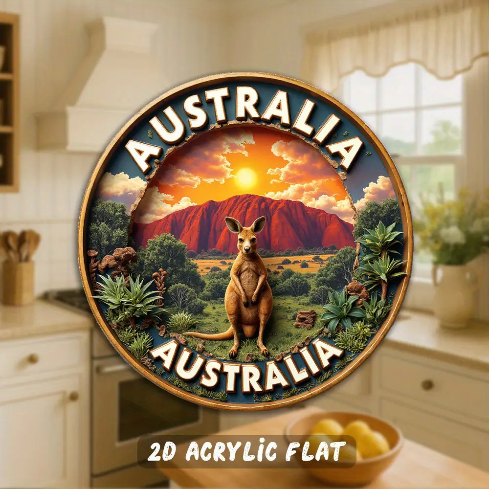 TEMU 2d Design, Australian-themed Acrylic Fridge Magnet - 3.15inch Yuluju Sunset Kangaroo, Featuring Yuluju And Australian Wildlife Designs
