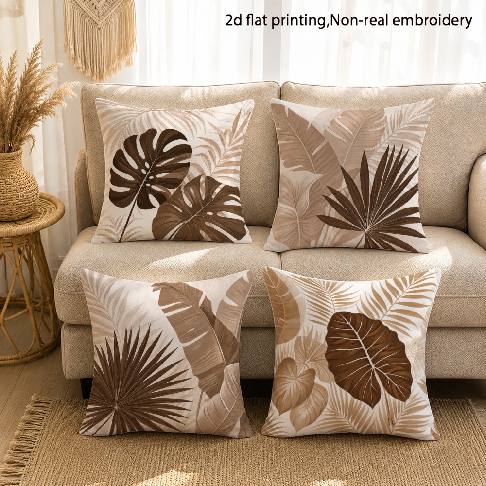TEMU 4pcs Earthy Brown Tropical Monstera Palm Leaf Pillowcases Single-sided Printed Soft Zipper Machine Washable Home Bed Sofa Outdoor Decor Covers