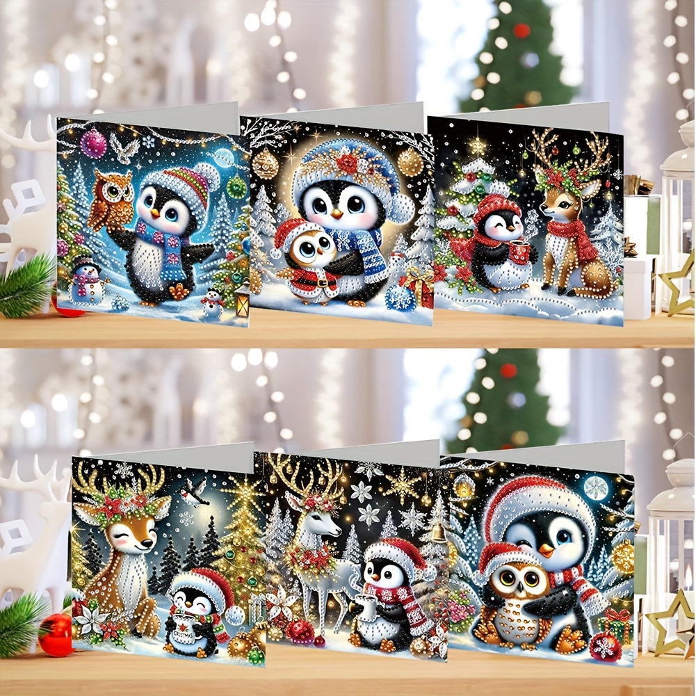 TEMU 6-delige Geschenkset met Kerst Pinguïn Thema, Diamond Painting Wenskaarten, Postkaarten met Irregulaire Strass Designs, Gemaakt van Hoogwaardig