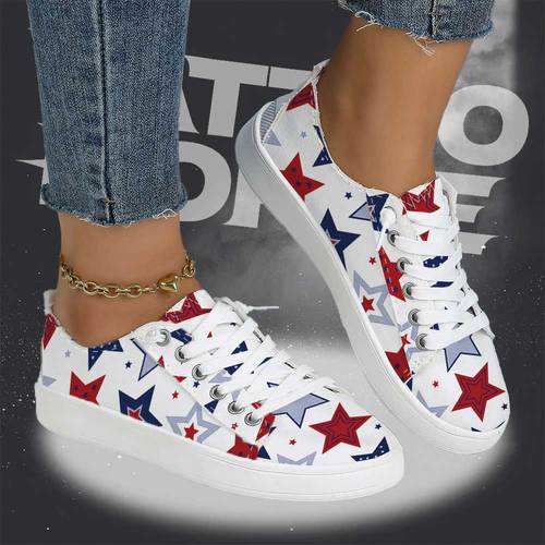 womens red white and athletic shoes fashionable versatile low top lace up flat shoes lightweight comfortable breathable durable daily walking shoes american style festive party shoes
