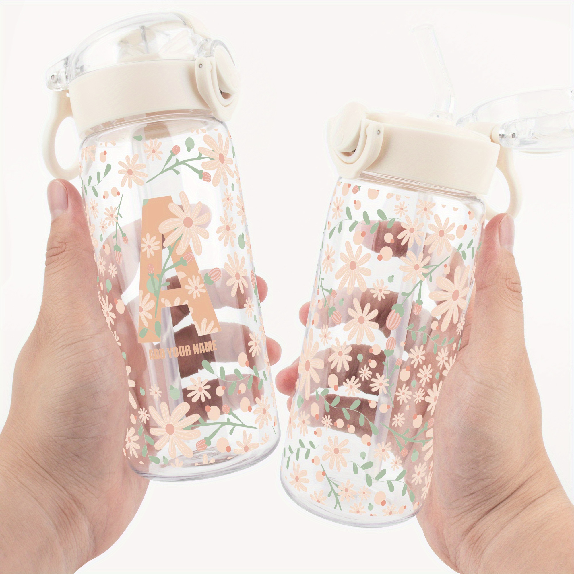 Image of 1pc 13oz Water Bottle With Time Marker Flower Letter Print Water Bottle Personalized Letter Print Leakproof Design Straw Lid For Gym Office