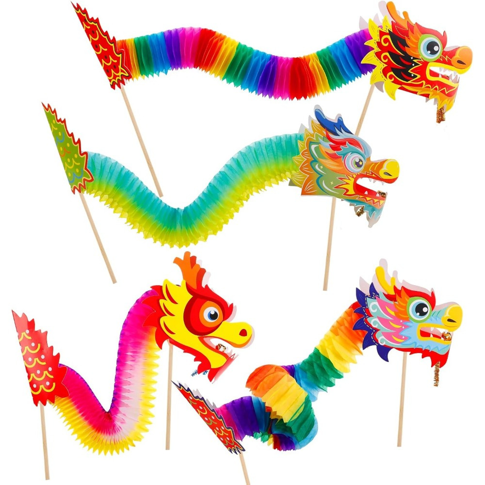Image of 4pcs 3d Chinese Paper Dragon Decorations Random Colors - Handheld And Hanging Garland Crafts For New Year Celebrations, Party Supplies