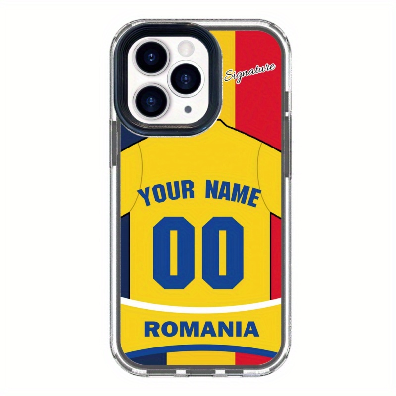 

Custom Romania Soccer Jersey Phone Case With For 15 14 11 Plus, Romania Flag Background Football Jersey Bumper Shockproof Clear Drop Protection Cover