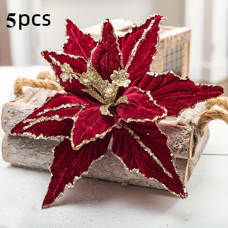 TEMU 5pcs Christmas Holiday Decorative Flowers Artificial Flowers, Shiny Sequin Velvet Christmas Flowers - 10.2 Inches, Suitable For Christmas Tree