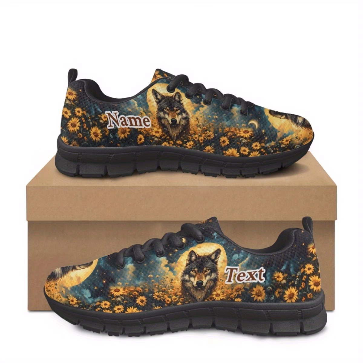 Customizable Wolf Print Breathable Mesh Sneakers f...