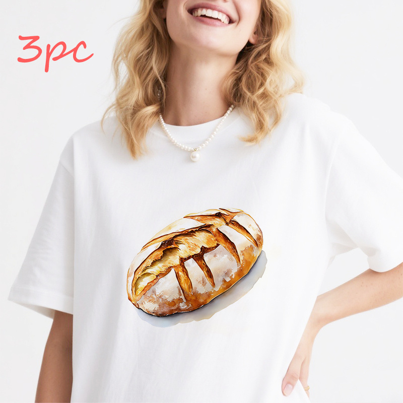 TEMU 3pcs Heat Transfer Patches, Bread Pattern, T-shirt Iron-on Clothing Patches, Factory Special Patches, High-definition Pattern Cuttable, Seamless