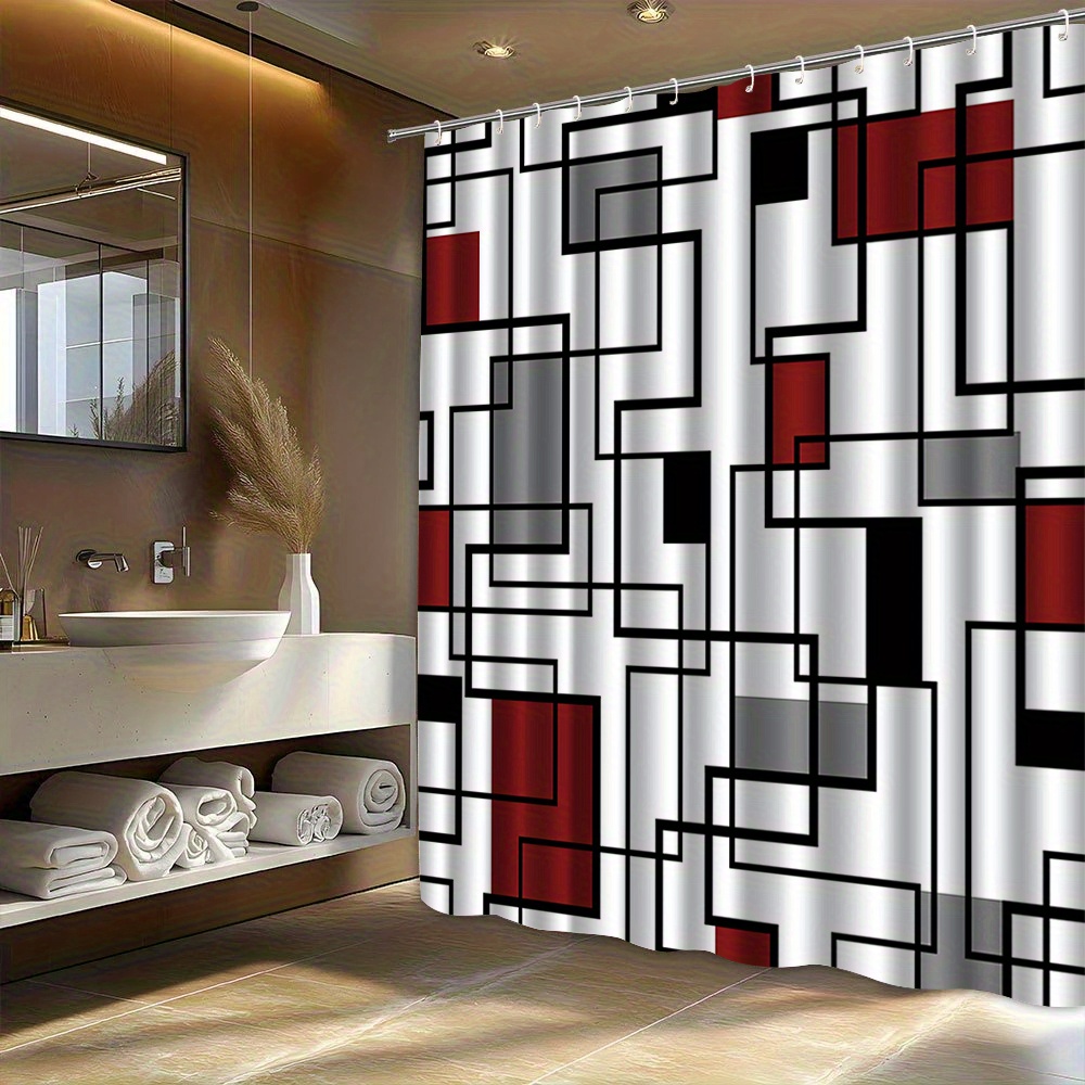 TEMU Jit1pc Geometric Pattern Printed Bath Curtain, High-end Elegant Convenient Installation Bathroom Curtain, Suitable For Home Decoration, With 12