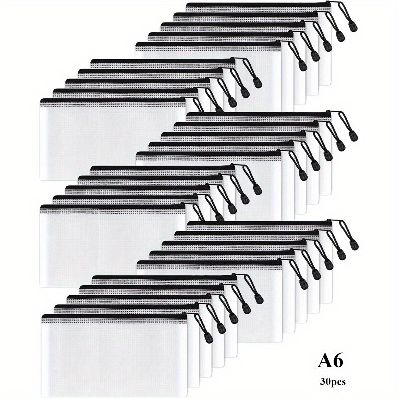 Image of 30pcs Durable Pvc Mesh Zipper Pouches, A6 Size - Black Document Bags For School, Office, Travel, Puzzles & Games Organization, File Storage | Zippered Pouch | Transparent Desig