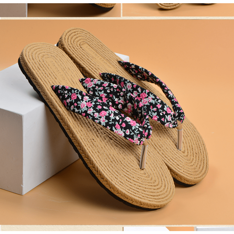 womens beach flip flops with linen upper eva sole non slip flat sandals beige black polka   soft cushioned insole for poolside summer casual and casual attire breathable comfortable slippers Product details 4