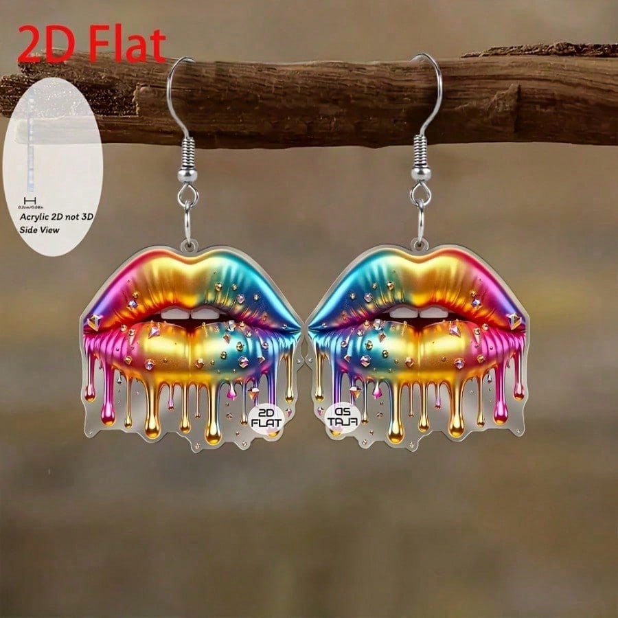 TEMU 2d Flat, 2d Flat Rainbow Gradient Melting Lip Pendant Earrings - Multicolor Lip-shaped Jewelry Suitable For Daily Wear & Parties, Elegant