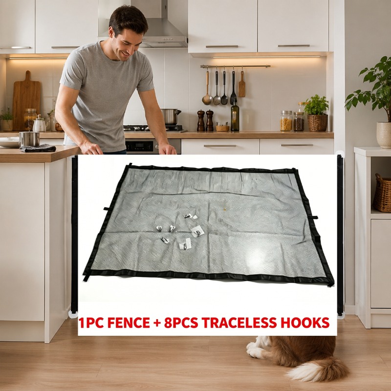 TEMU 1pc No-drill Telescopic Pet Gate (1 Fence And 8 Hooks), Adjustable Portable Pet Barrier For Cats And Dogs, Indoor/outdoor Safety Door Gate, ,