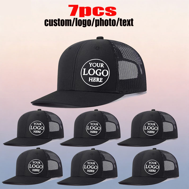 TEMU 7 Customizable Logo Trucker Hats - Breathable Mesh Baseball Caps With Adjustable Back Closure, Ideal For Outdoor Activities And Personalized
