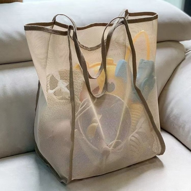 E-shop 1 Strandtragetasche aus Netzstoff mit großem Fassungsvermögen – strapazierfähiges Polyester, einfarbig mit stabilem Griff, geeignet für Reisen,
