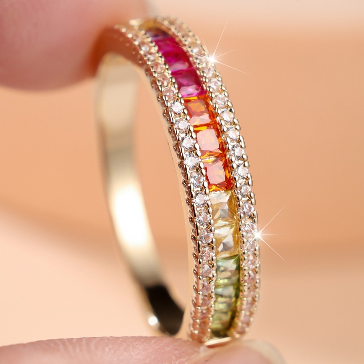 Chic Trendy Rainbow Square Stone Thin Band Ring