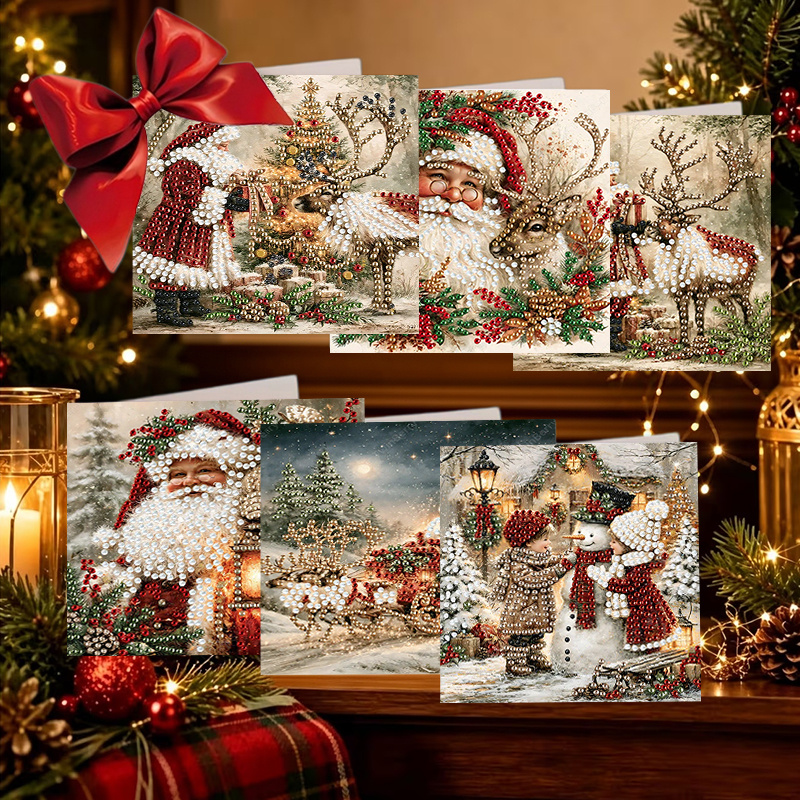 TEMU 6pcs Unique New Diamond Painting Christmas Card Set -- Santa Claus Design, For Grandparents, , Family, Expressing Gratitude And Care, Includes 6