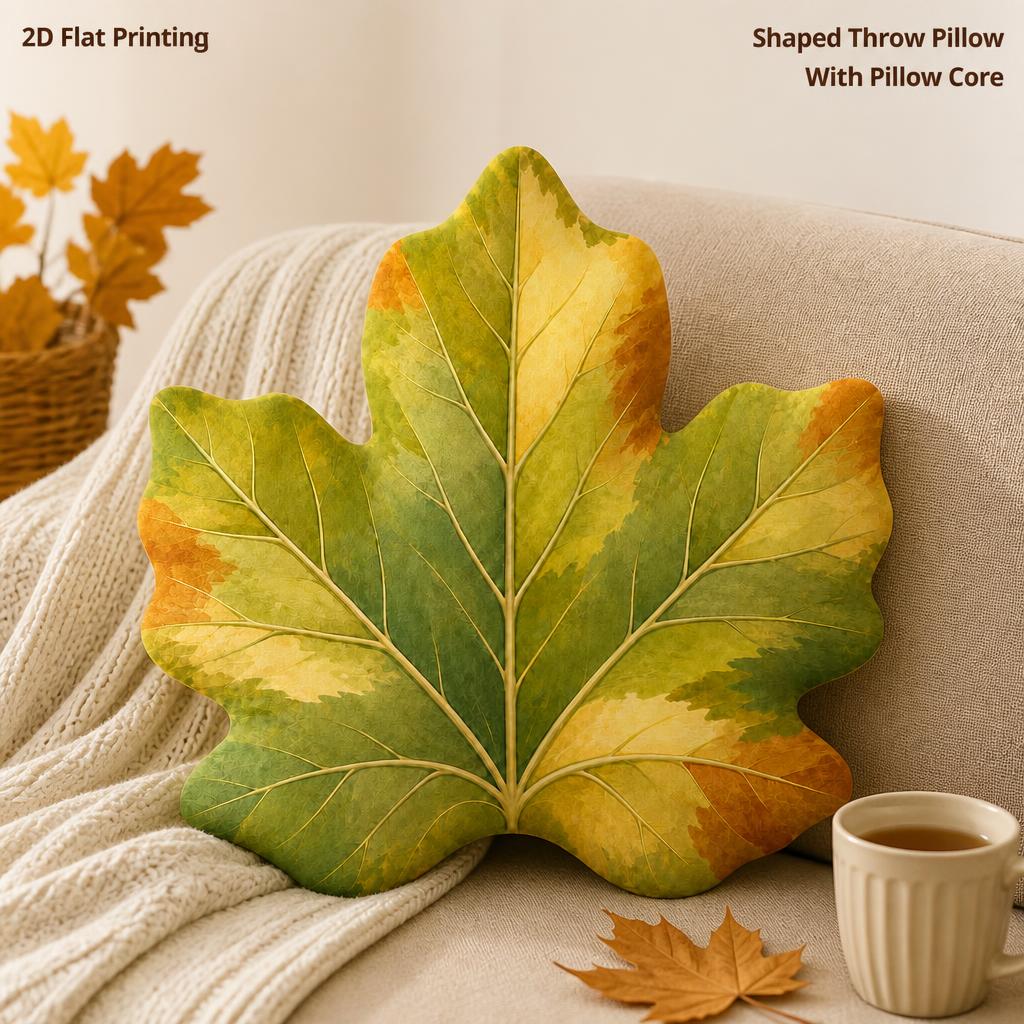 TEMU Coussin décoratif de feuille d'érable automnale variée avec impression plate 2D verte et dorée, parfait pour canapé, chambre à coucher, salon,