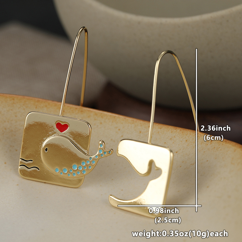 Women's Whale Pattern Carved Square Pendant Earrings