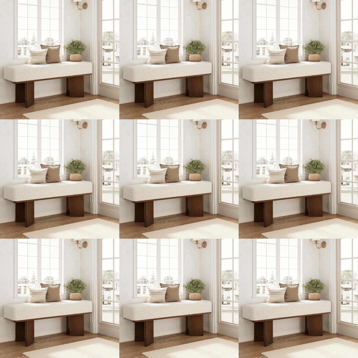 47-inch Modern Ivory Tufted & Brown Wooden Bench With Cushion - Frame Entryway Sofa Suitable For Living Room, Hallway, End Of Bed Bench, Dining Table Side Furniture, Contemporary Rectangle For Home