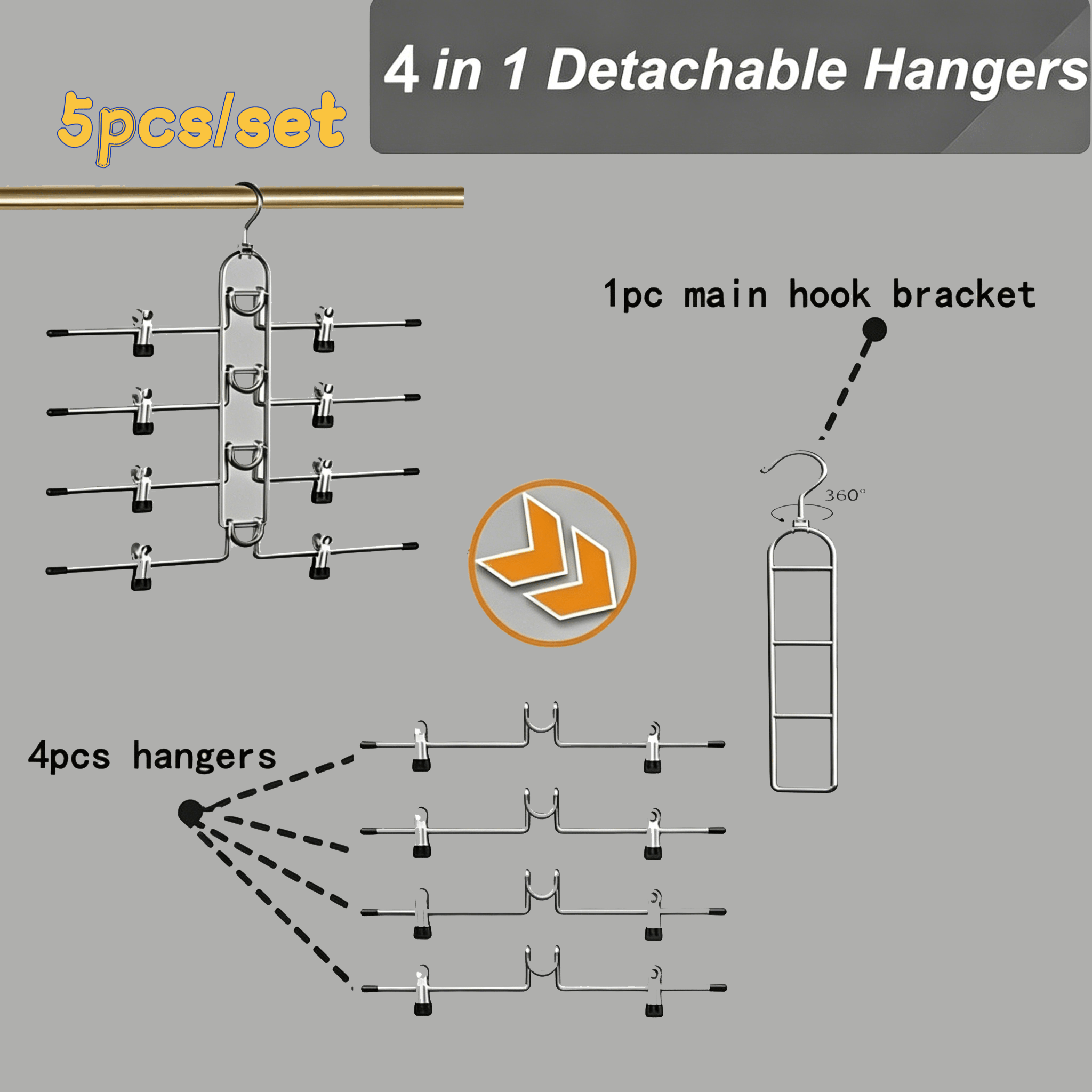 TEMU 5pcs Set (including 1pc Main Hook Rack And 4pcs Hangers) 4-in-1 Foldable Hanger, Space-saving Closet Organizer, With Non-slip Mat, Suitable For