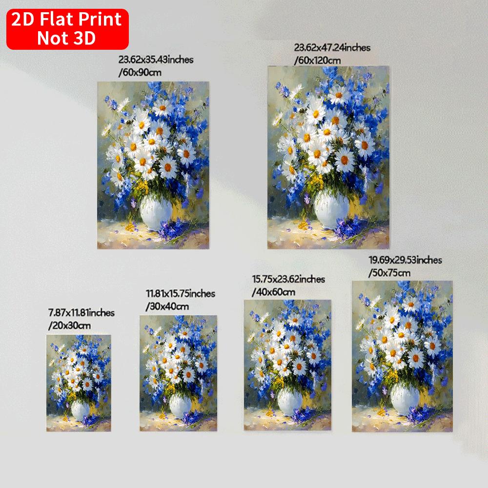 TEMU 2d Flat, 2d Flat, A Single Piece Oil Painting Featuring Daisies And Blue Flowers On A Background. An For Decorating Spaces Like The Living Room,