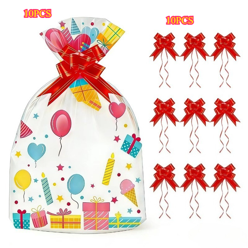 TEMU 10 sacs cadeaux transparents en cellophane avec 10 attaches à nœud rouge, adaptés pour de fournitures de fête d'anniversaire de mariage, sacs