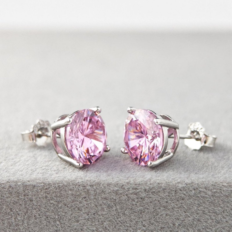 S925 Silvery Pink Synthetic Earrings, Classic 4 Claw Design