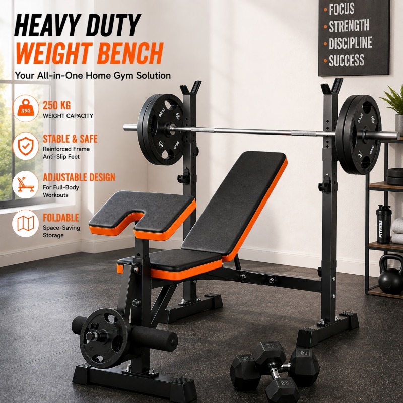 Image of 6-in-1 Adjustable Weight Bench Set With Barbell Rack And Pad, 880lb Heavy Duty Foldable Workout Bench, 41-inch Reinforced Steel Strength Training Bench For Full Body Home Gym Workouts
