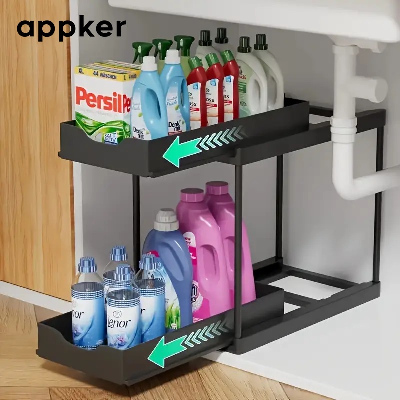 TEMU Étagère de rangement à niveaux Appker sous évier, organisateur coulissant à tiroir, revêtement en plastique facile à nettoyer, étagère de