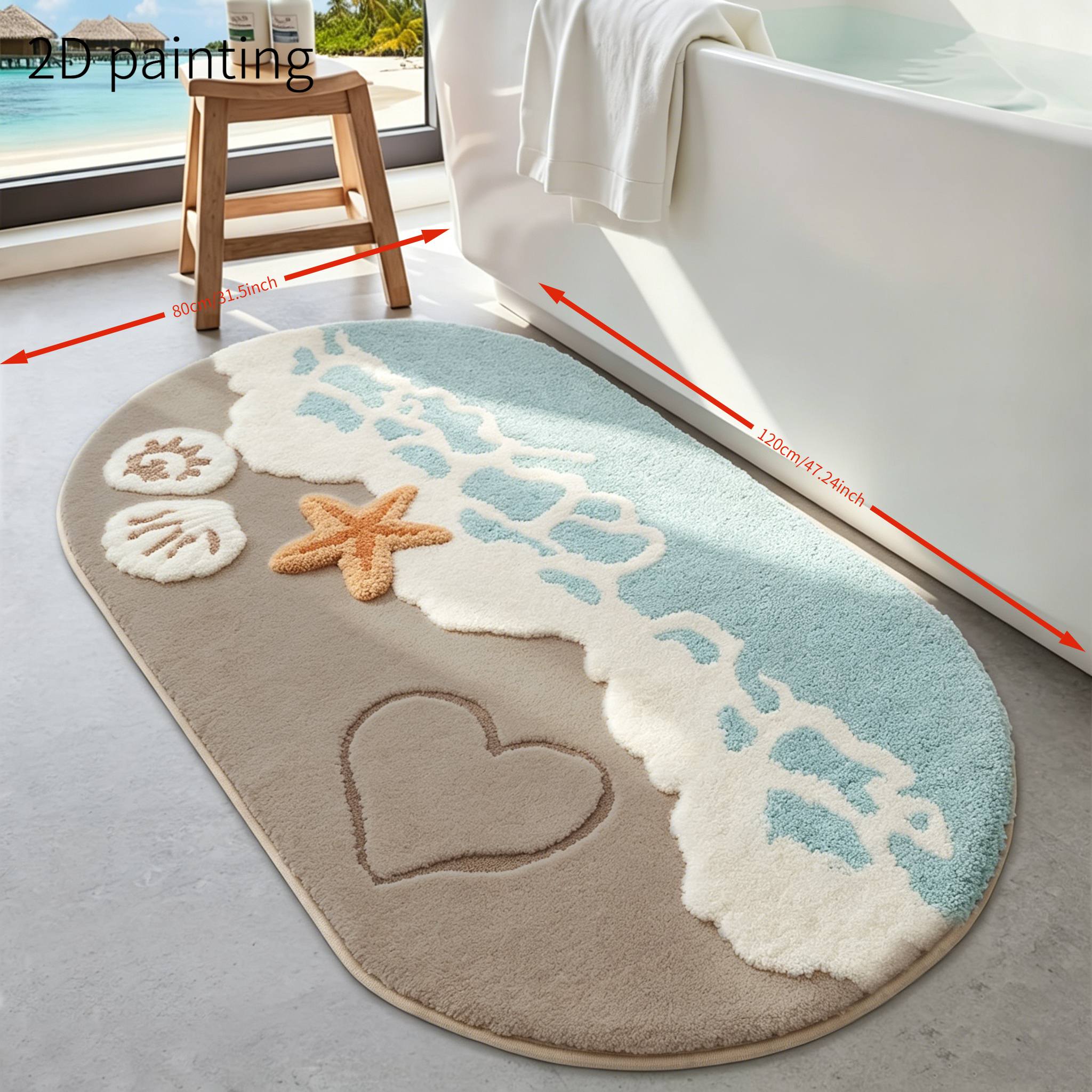 TEMU 1pc Oval Bathroom Mat- Ocean Theme, Decorated With Beach Starfish And Heart Patterns, Non-slip And Absorbent Bathroom Rug, Suitable For , Home