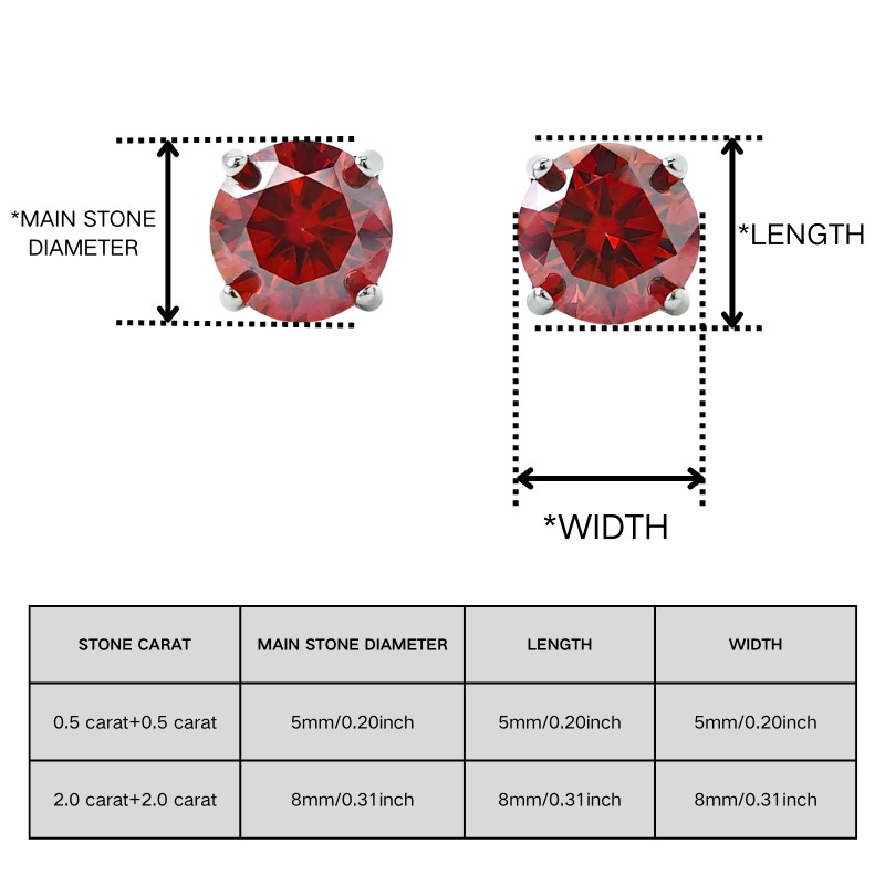 Women's Red Round Moissanite Four-Claw Stud Earrings