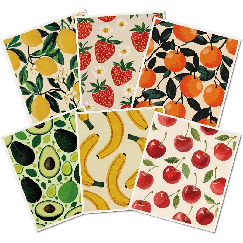 TEMU Lot de 6 torchons à vaisselle 7×8 pouces à de fruits, torchons de cuisine suédois, serviettes de lavage réutilisables, éponge rectangulaire avec