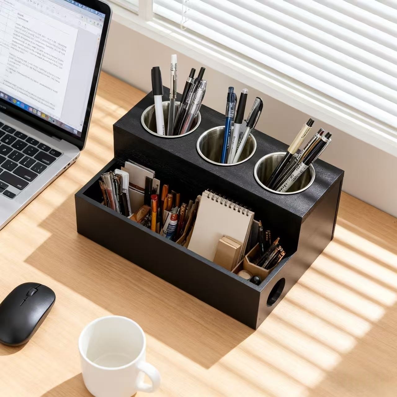 a wooden storage box with 3 stainless steel containers a dual purpose desktop and wall mounted multifunctional organizer suitable for office bathroom makeup hair tools hair dryers and   storage desk drawer organizer for home Product details 5