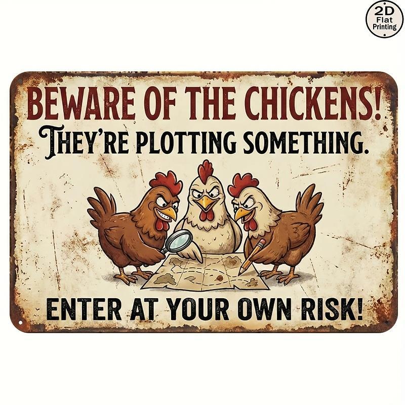 TEMU 2d Flat, Funny Chicken Warning Sign - Beware Of Chickens Suitable For Home, Office, Cafe / Decor - Metal Wall Plaque With Quirky Chicken-themed