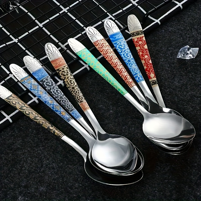 

10pcs Elegant Stainless Steel Soup Spoons - Vintage Print, , Easy To Clean, Reusable Tableware Set For Tea, Coffee, Ice Cream, Appetizers, Desserts, Simple , Modern Stirring Spoon