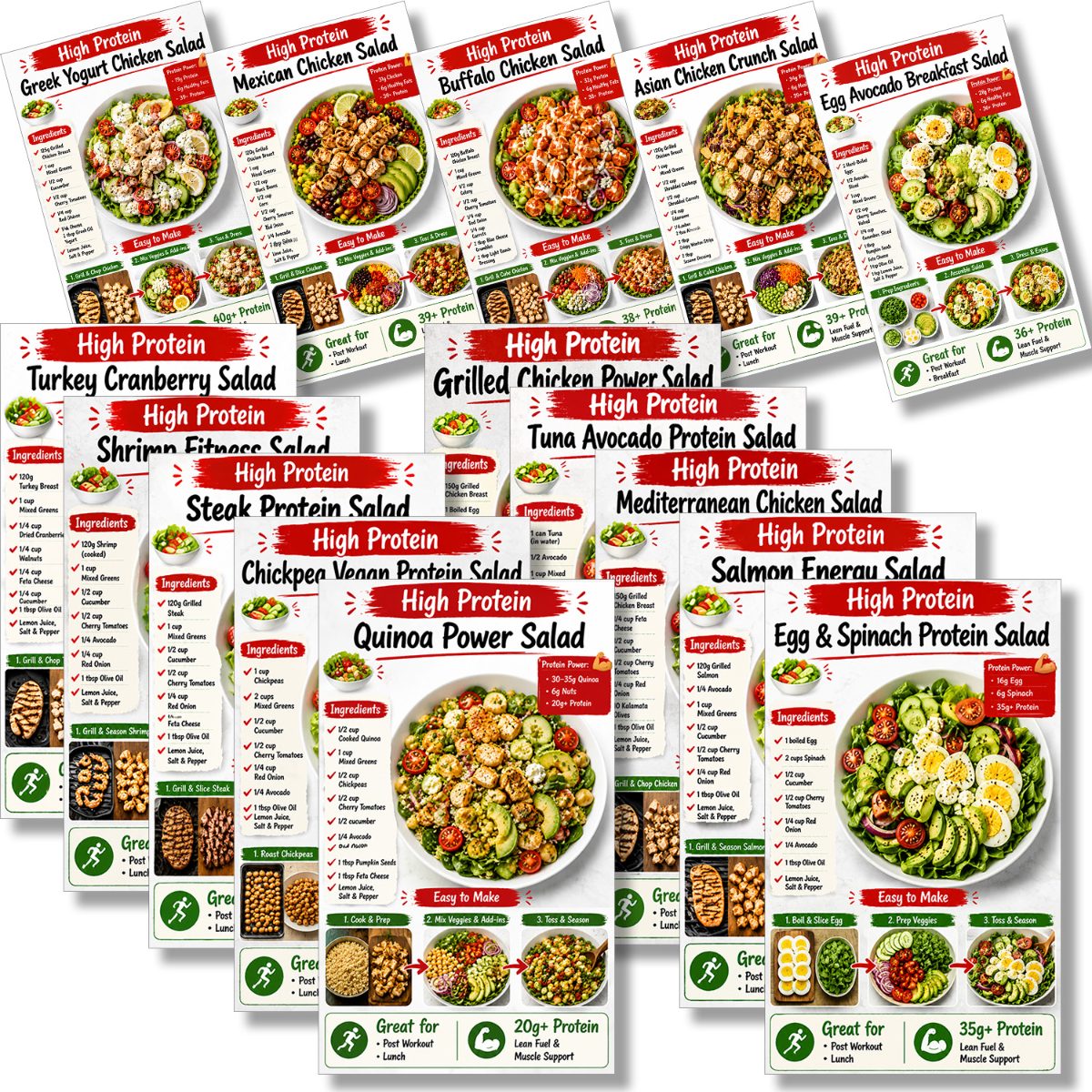 TEMU Set Of High Protein Salad Recipe Cards - Prep Guide, Protein-packed Salad Recipes, Cards, Nutrition Planning Tool For Fitness Enthusiasts, And