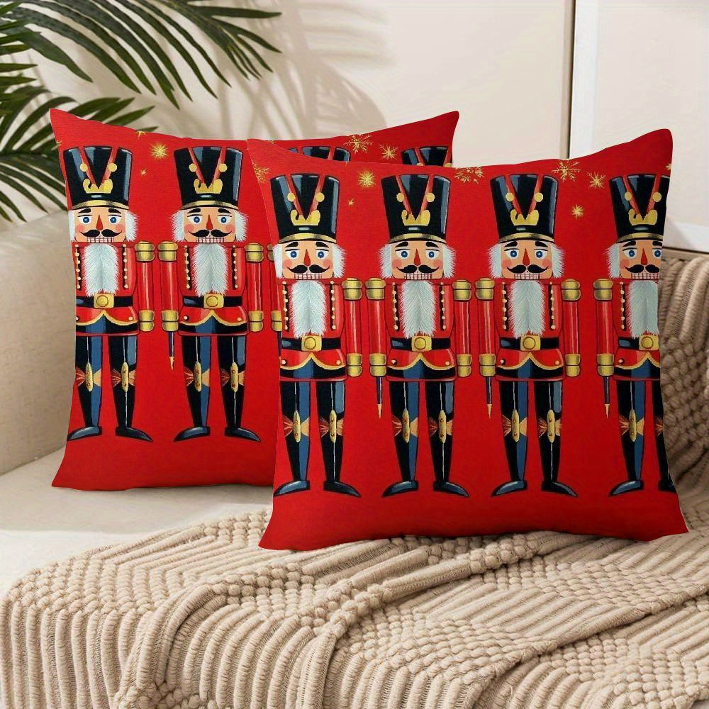 

2pcs Set Festive Nutcracker Pillow Covers - Double-sided, Short Plush Polyester, Zip Closure - Christmas Decor