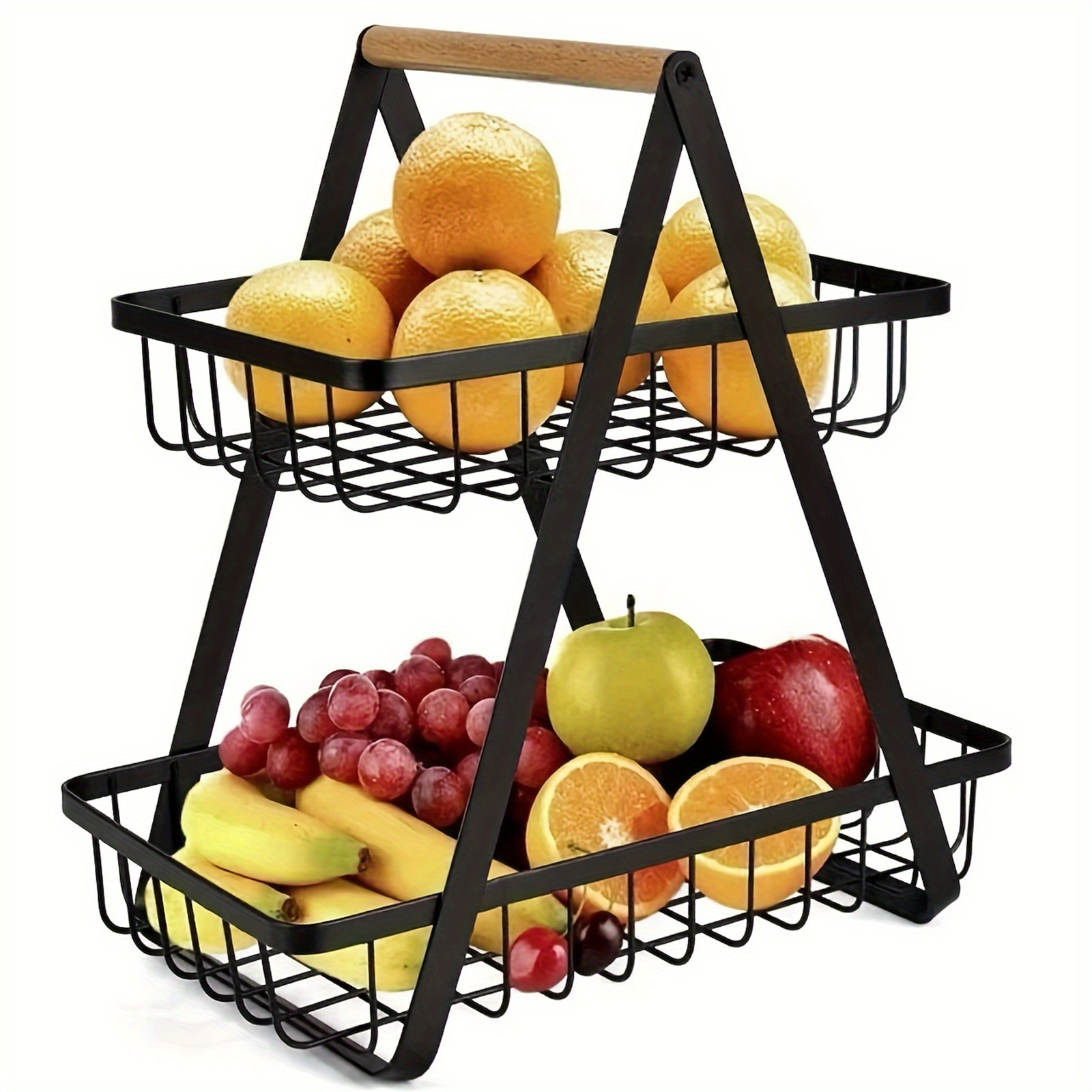 TEMU Three-tier Fruit Basket Stand Featuring A Wooden Handle, Removable Fruit Bowl Rack, Metal Storage Holder For Vegetables, Snacks, In Home,