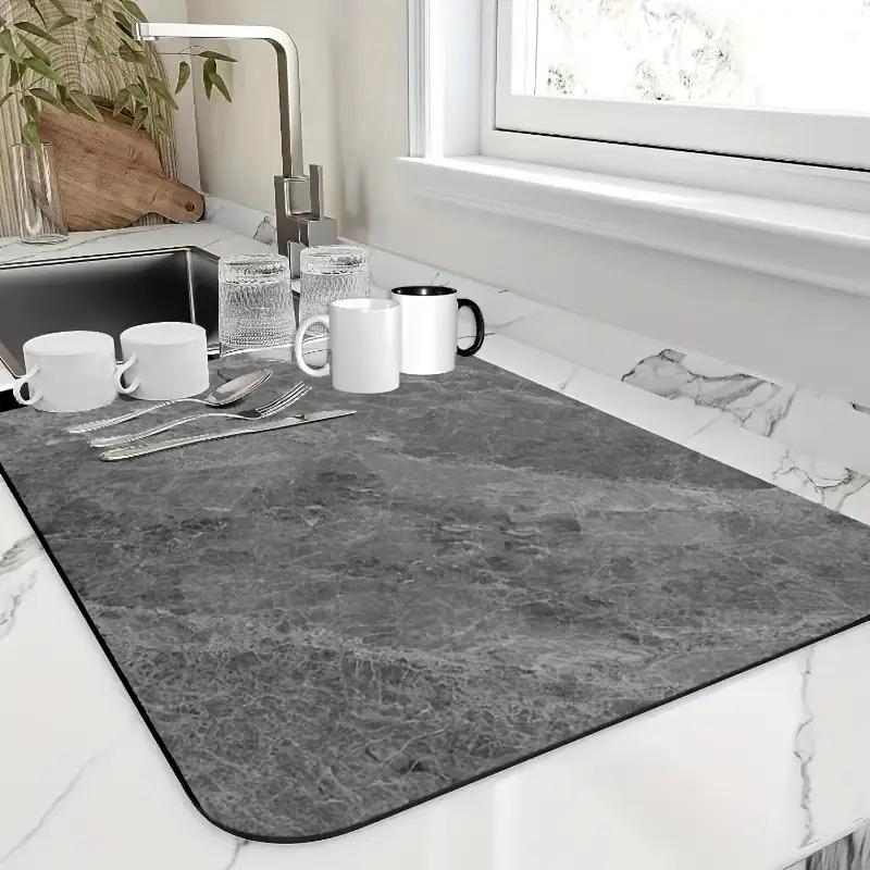 Image of 1pc Super Absorbent Non-slip Quick-dry Kitchen Countertop Drying Mat With Elegant Gray Marble Design, Dish Drainer & Coffee Machine Pad, Durable Modern Sink Mat For Dishwasher, Hot - Easy- ()