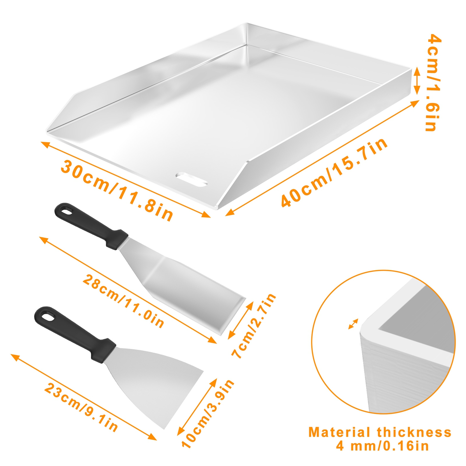 Sizes Stainless Steel Grill Plate, With Grill Spatula And Scraper Ideal For Barbecuing, Vegetables And Steaks