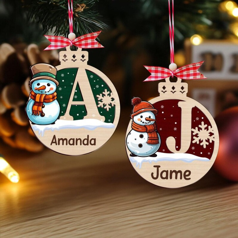 

1pc Personalized Wooden Christmas Tree Ornament, Custom Name Snowman Design, Uv Printed Holiday Charm, Ideal Gift For