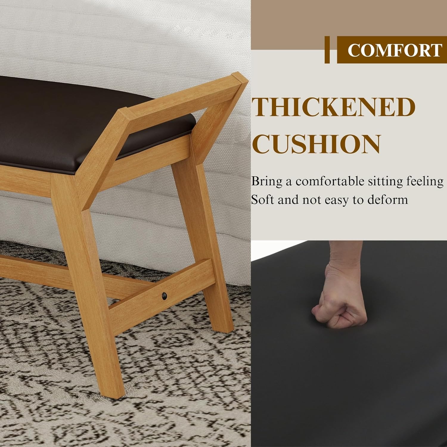 1pc 51Inch End of Bed Bench | Solid Wood Frame, Fabric Upholstered Ottoman Bench for Entryway, Bedroom, Hallway, Living Room, Modern Style