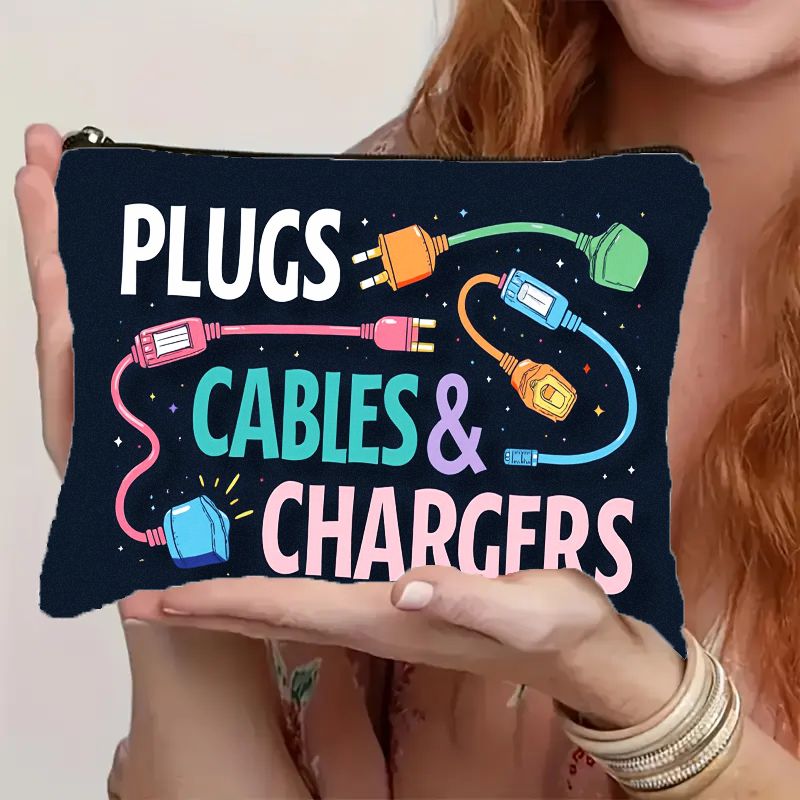 TEMU 2d Flat, 'plugs Cables & ' Cartoon Graphic Print Organizer Pouch, Featuring A Sturdy Zipper Closure - Lightweight And Compact Storage For
