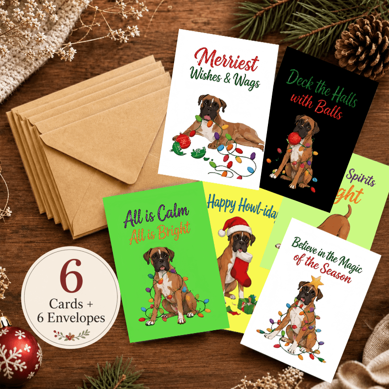 TEMU 12pcs Set Of Christmas Greeting Cards With Envelopes, Featuring A Fun Boxer Dog And String Of Lights Design, Colorful And Warm, For Sending