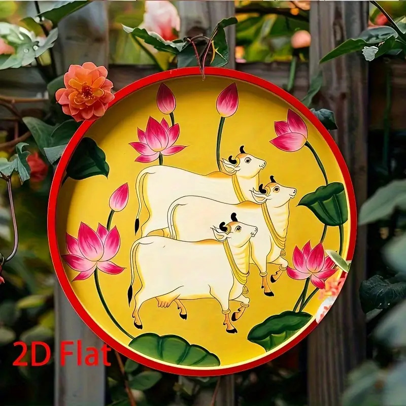 TEMU 2d Flat, 1pc Indian-themed Round Wall Hanging Plaque - Cow & For Lotus Design Suitable For Home Decor, Weddings, Parties | Artificial Cultural