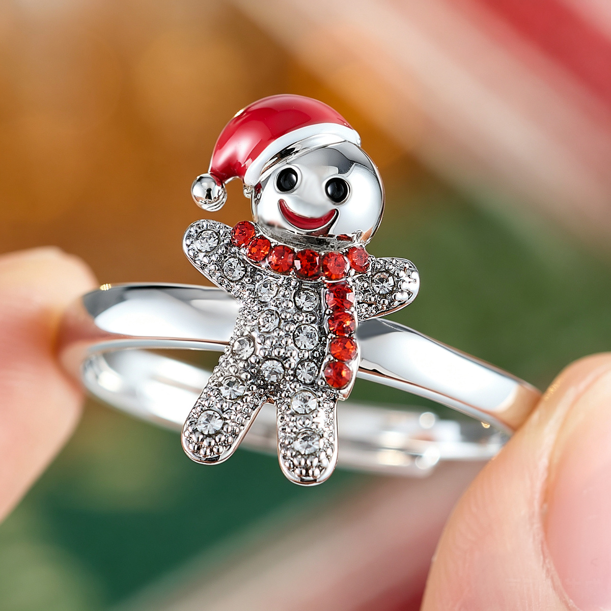 Copper Inlaid Zirconia Gingerbread Man Open Ring, Festive Gift