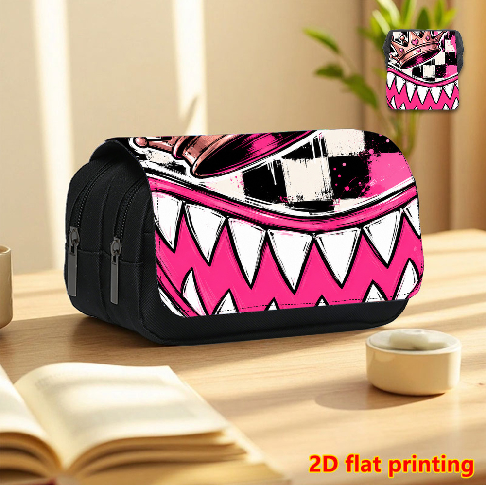 TEMU Pink Checkered Monster Face Printed Double-layer Case - Back-to-school Essential Pencil Box, Daily Multifunctional Makeup Bag, Large Capacity