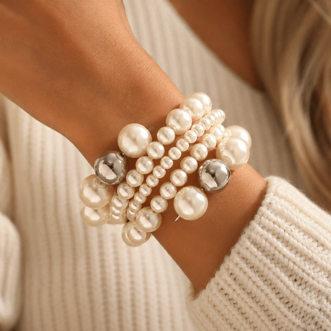 Image of 1pc Women's Bohemian Elegant Temperament Versatile Fashion Artificial Pearl Ccb Round Bead String Geometric Wrap Bracelet Daily Vacation Party Wear Birthday Gift Valentine's Day Gift