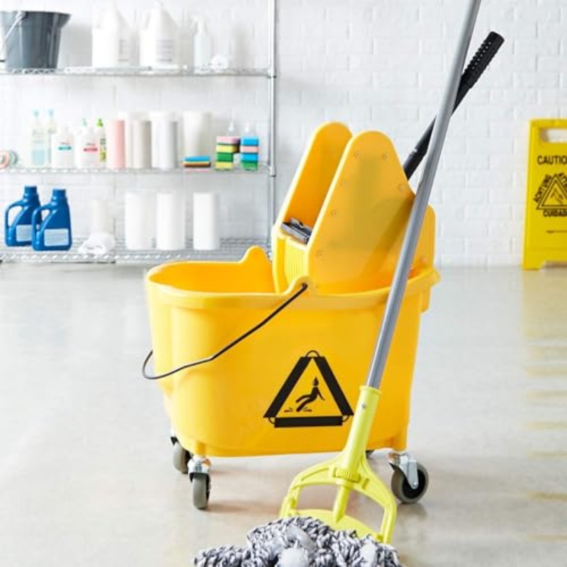 commercial heavy duty mop bucket with down press manual wringer 35 quart yellow cleaning bucket pp   frame rolling casters mop holder compatible with jaw fan mops  commercial sold Product details 6