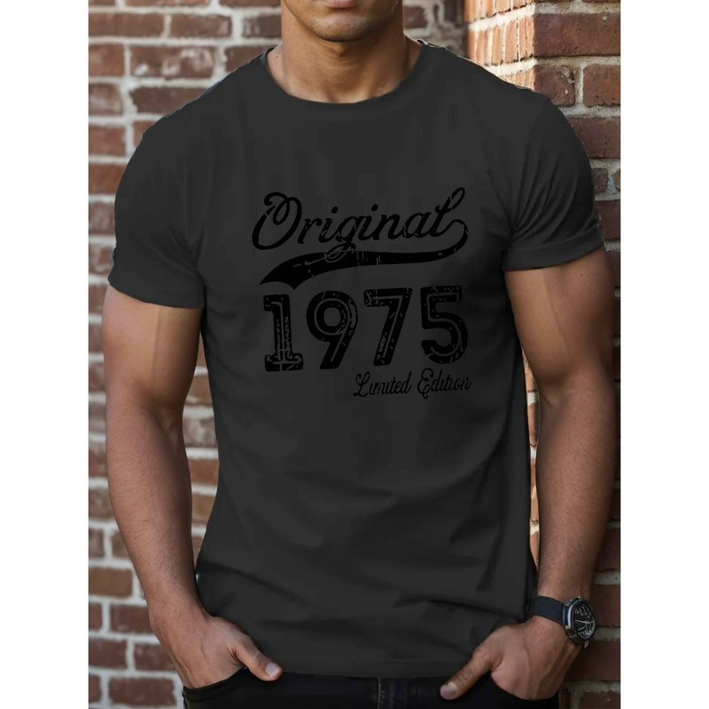 

[ ] Vintage 1975 Men's T-shirt - Casual Summer Short Sleeve Crewneck, White With Black Distressed Print, Polyester , Round Neck, Machine Washable, Casual Summer Wear | Tee | Fabric